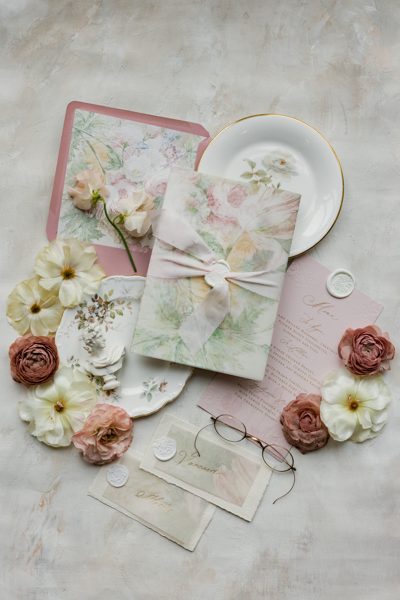 flat lay details from a glenmere mansion wedding