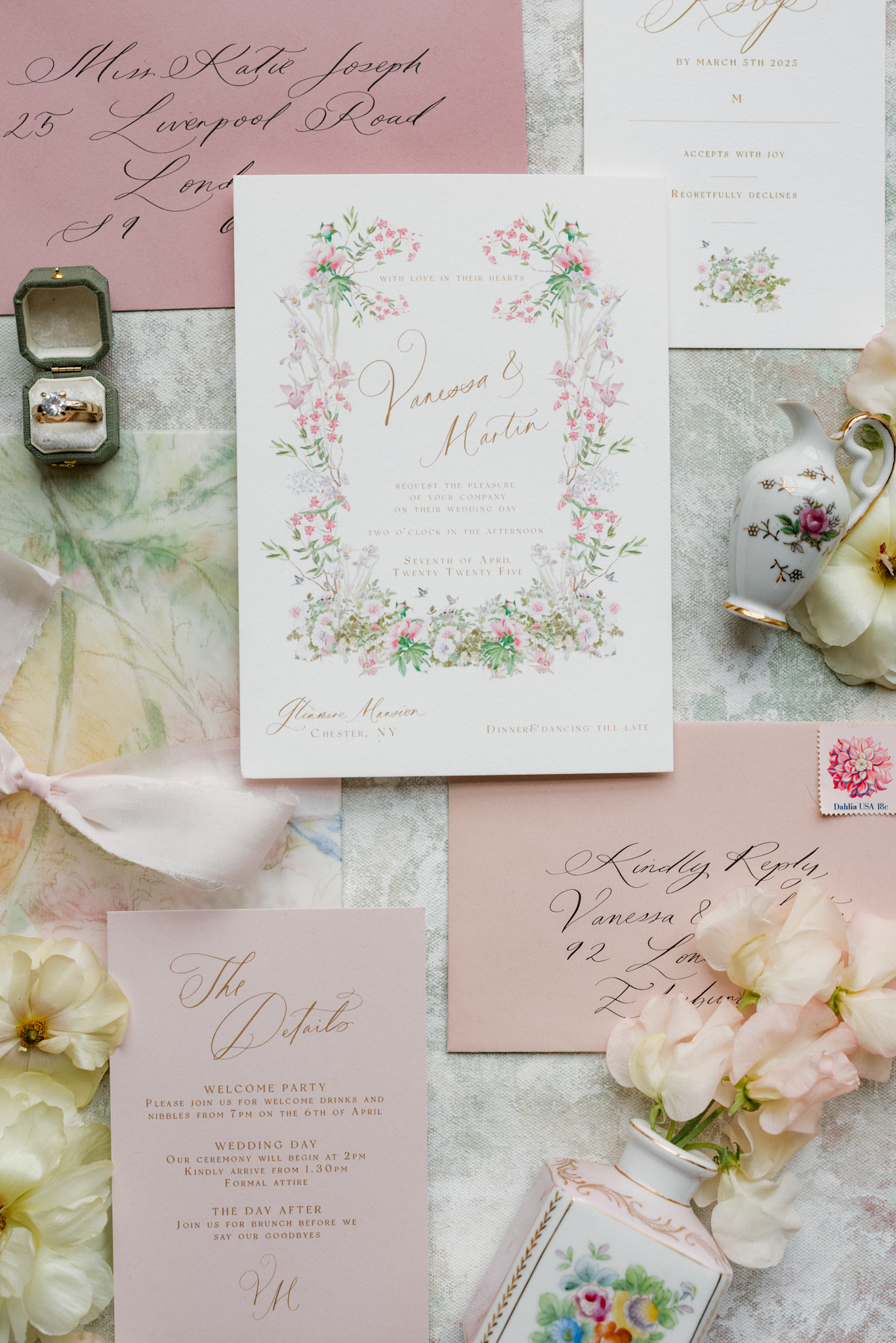 flat lay details from a glenmere mansion wedding