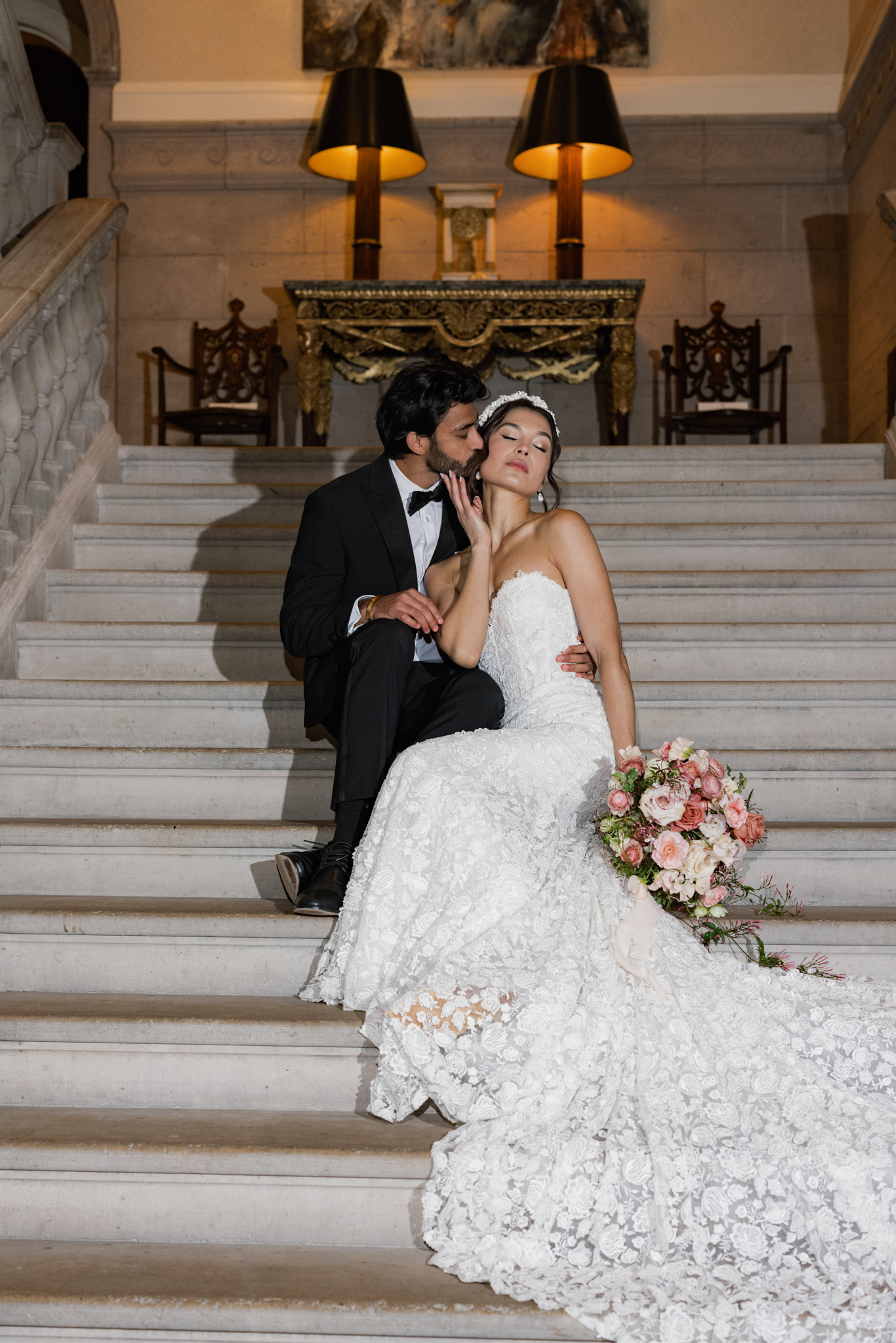 editorial portrait of bride and groom at glenmere mansion